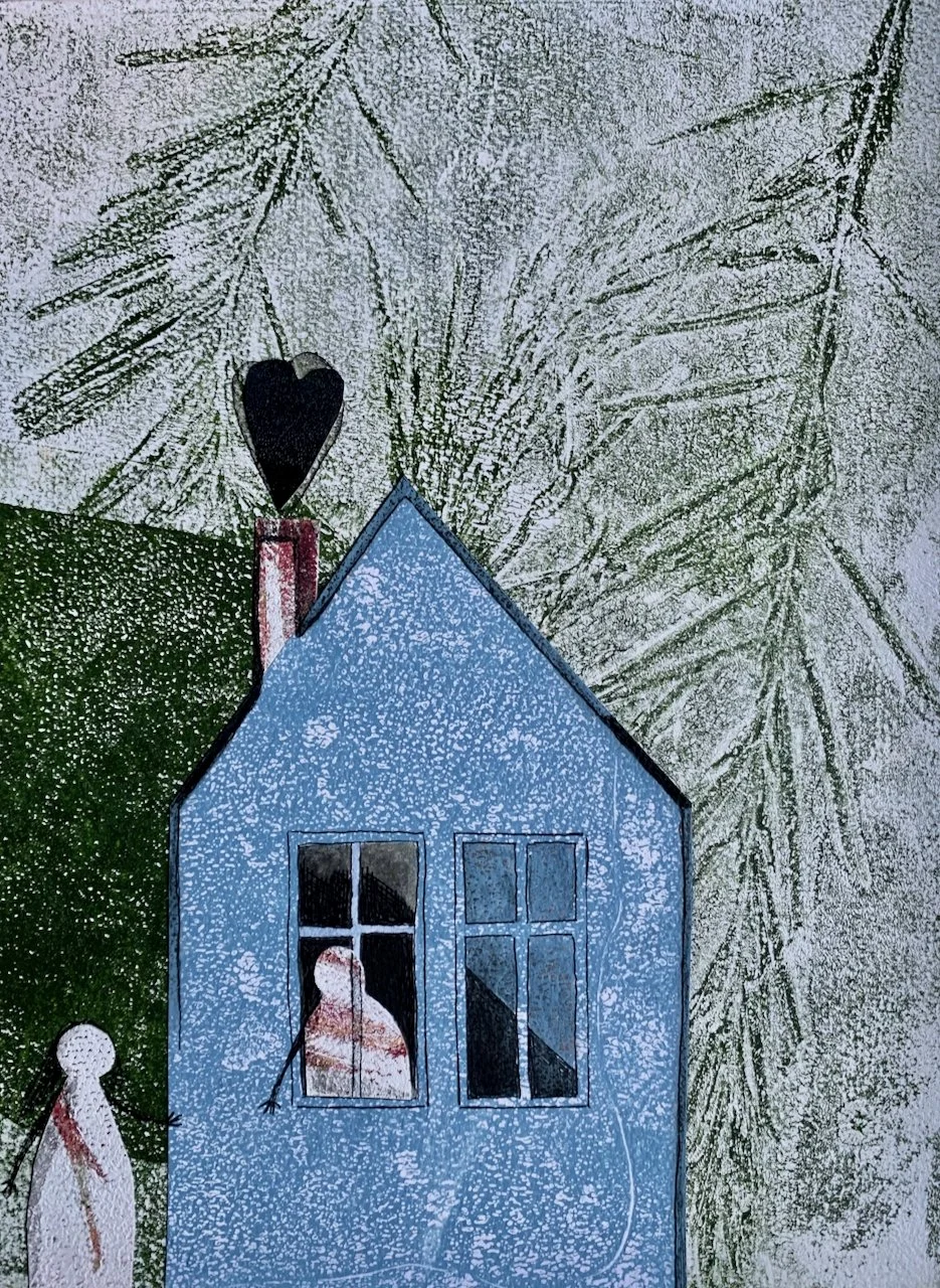A paper craft scene showing a blue house with two windows, a white figure with a red scarf on the left, a person visible through the window, and a background decorated with green pine tree branches and a large gold star.