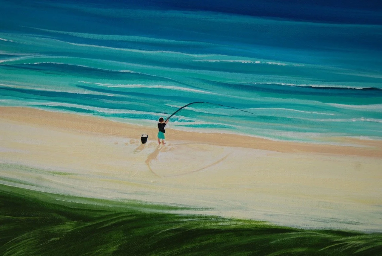 Painting of a child fishing on a beach with blue ocean waves in the background and green grass in the foreground.