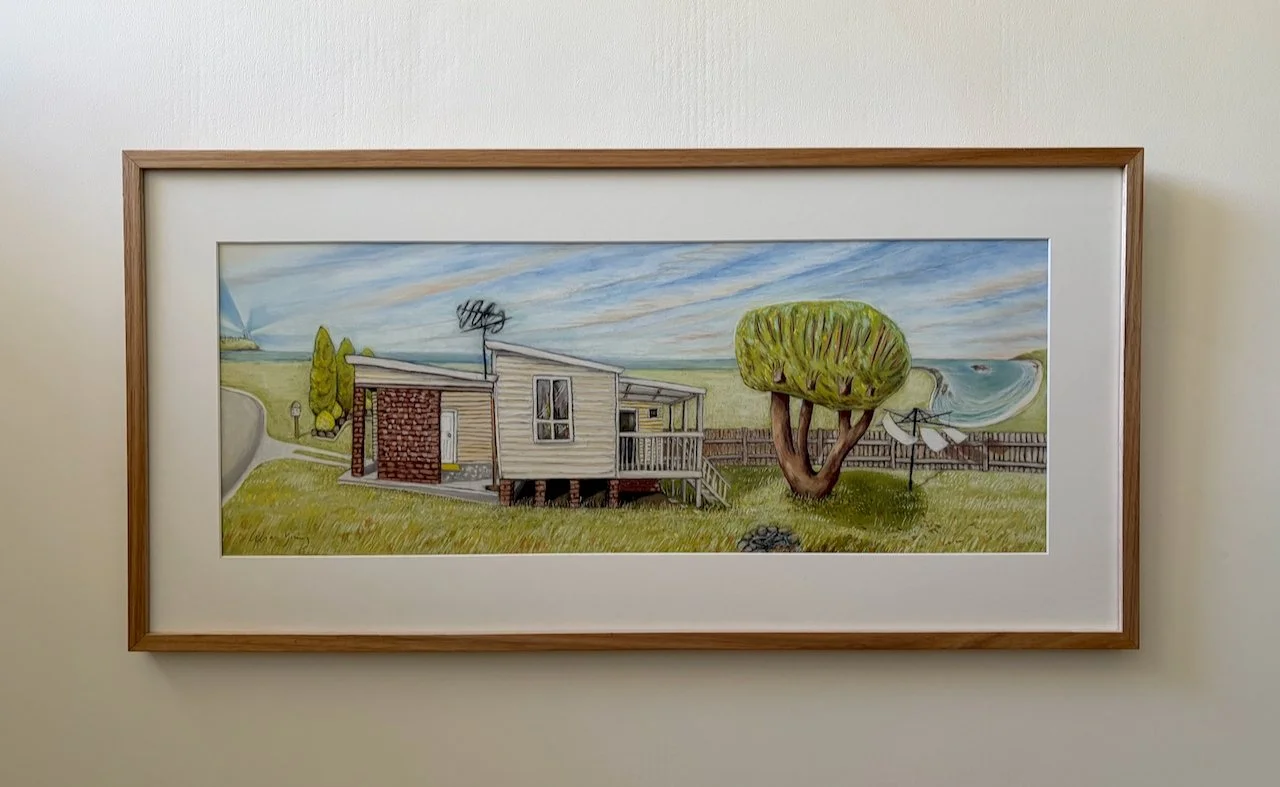 A painting of a coastal landscape with a house, trees, a fence, a path, and the ocean in the background.