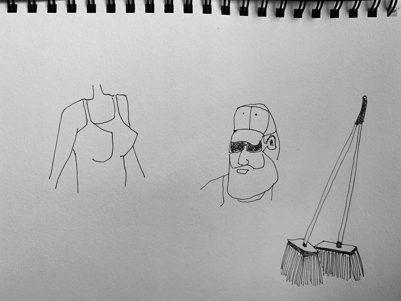 Simple black line drawings of a woman's tank top, a man's face with beard and sunglasses, and a push broom with a dustpan.