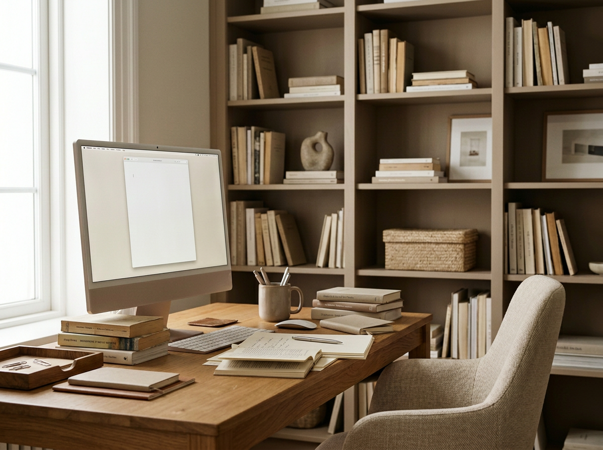 Bureau d'écrivain avec ordinateur, feuillets manuscrits, stylo et livres, bibliothèque en arrière-plan