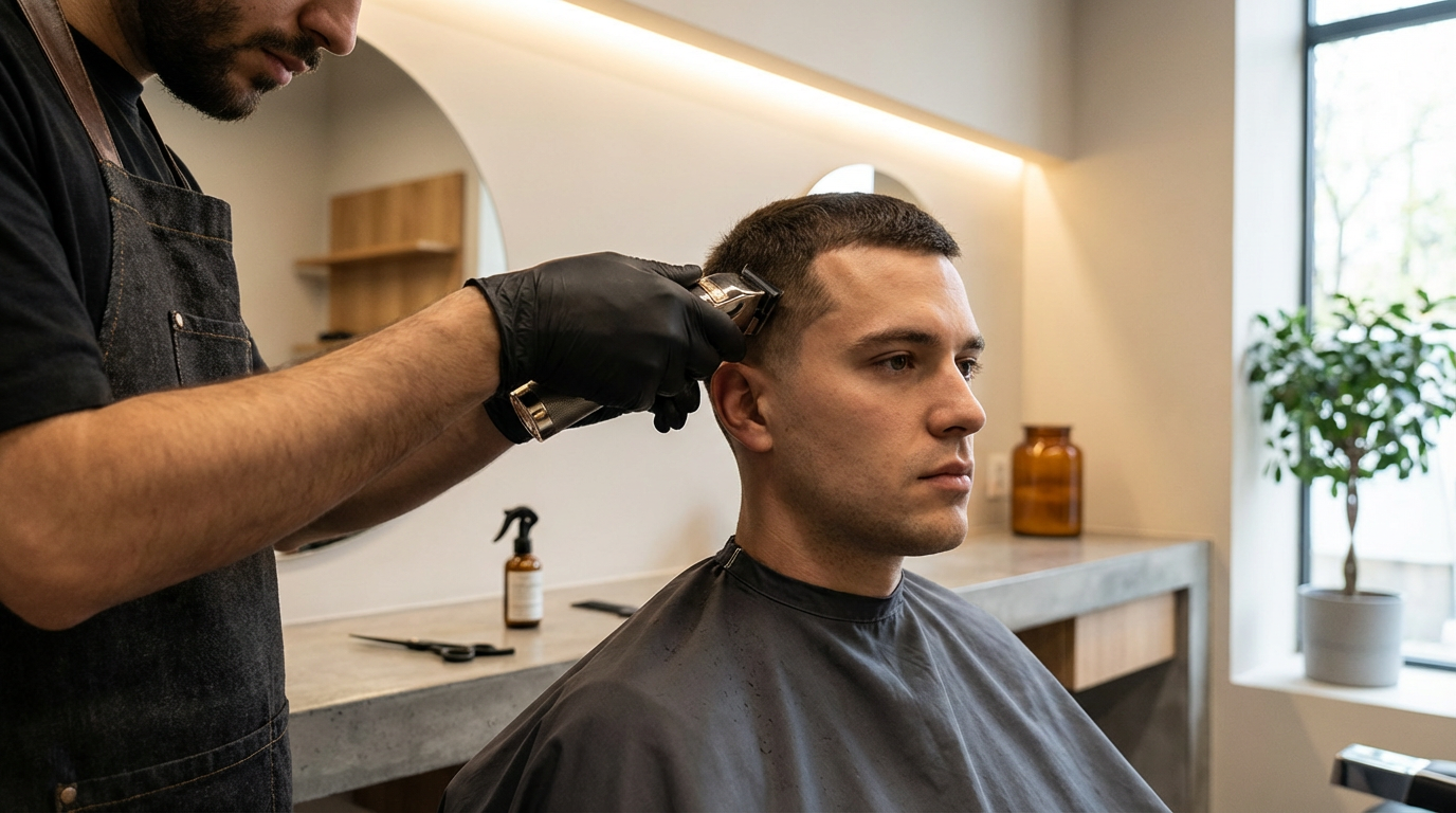 Homem recebendo corte de cabelo em barbearia moderna, sentado com capa preta enquanto barbeiro corta cabelo com tesoura
