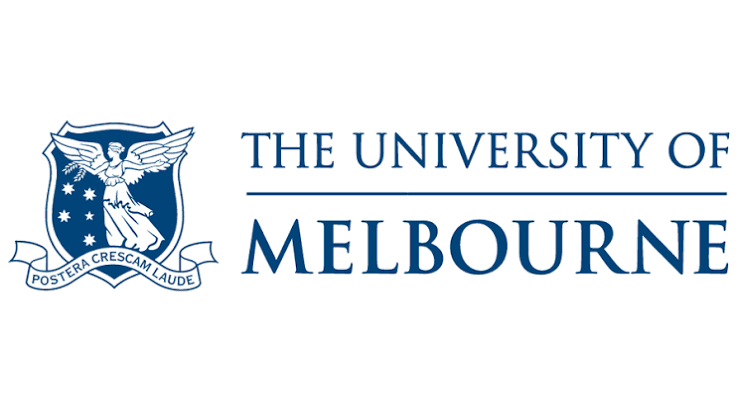 The logo of the University of Melbourne featuring an emblem with a winged figure and a banner, alongside the text 'The University of Melbourne' in blue.