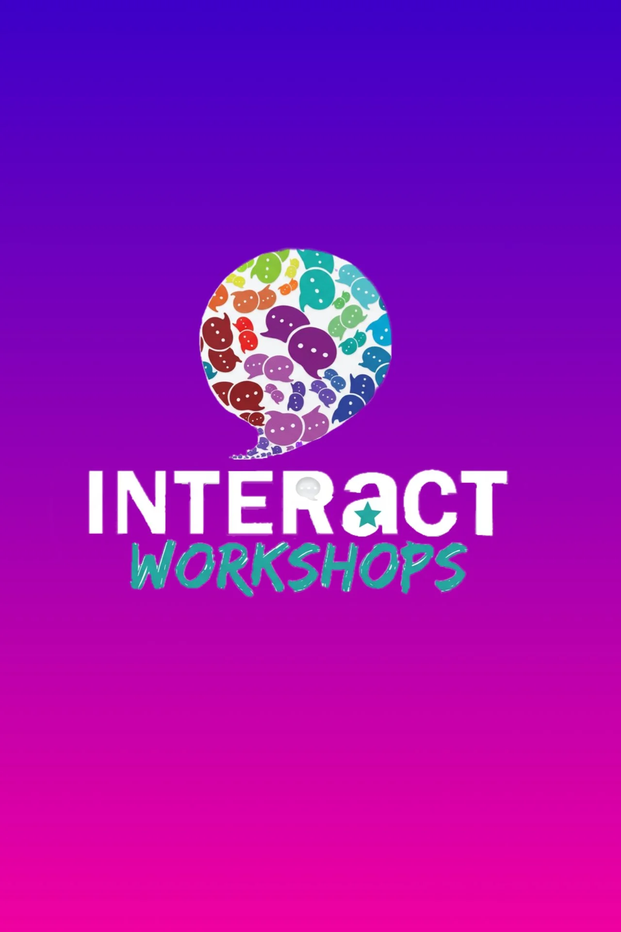 Colorful logo for 'Interact Workshops' featuring a speech bubble filled with multicolored speech icons, set against a purple and pink gradient background.