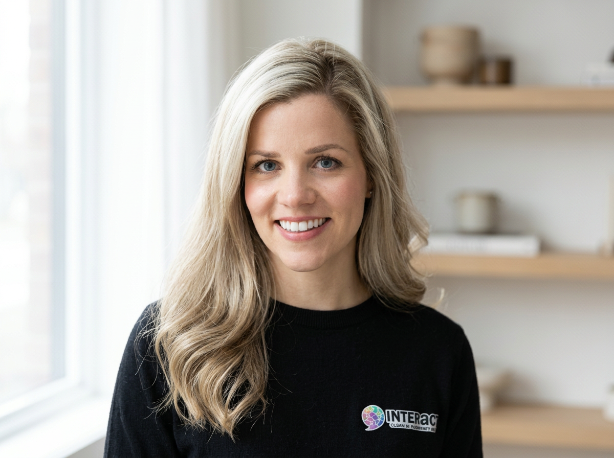 A woman with long blonde hair, blue eyes, and a black shirt with the logo 'INTERACT CLOSE AND PODIATRY' standing in a room with shelves in the background.