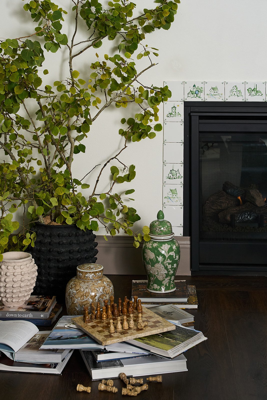 A fireplace with decorative tiles border, a large potted plant with green leaves, and a collection of books, vases, and a chessboard on the dark wooden floor.
