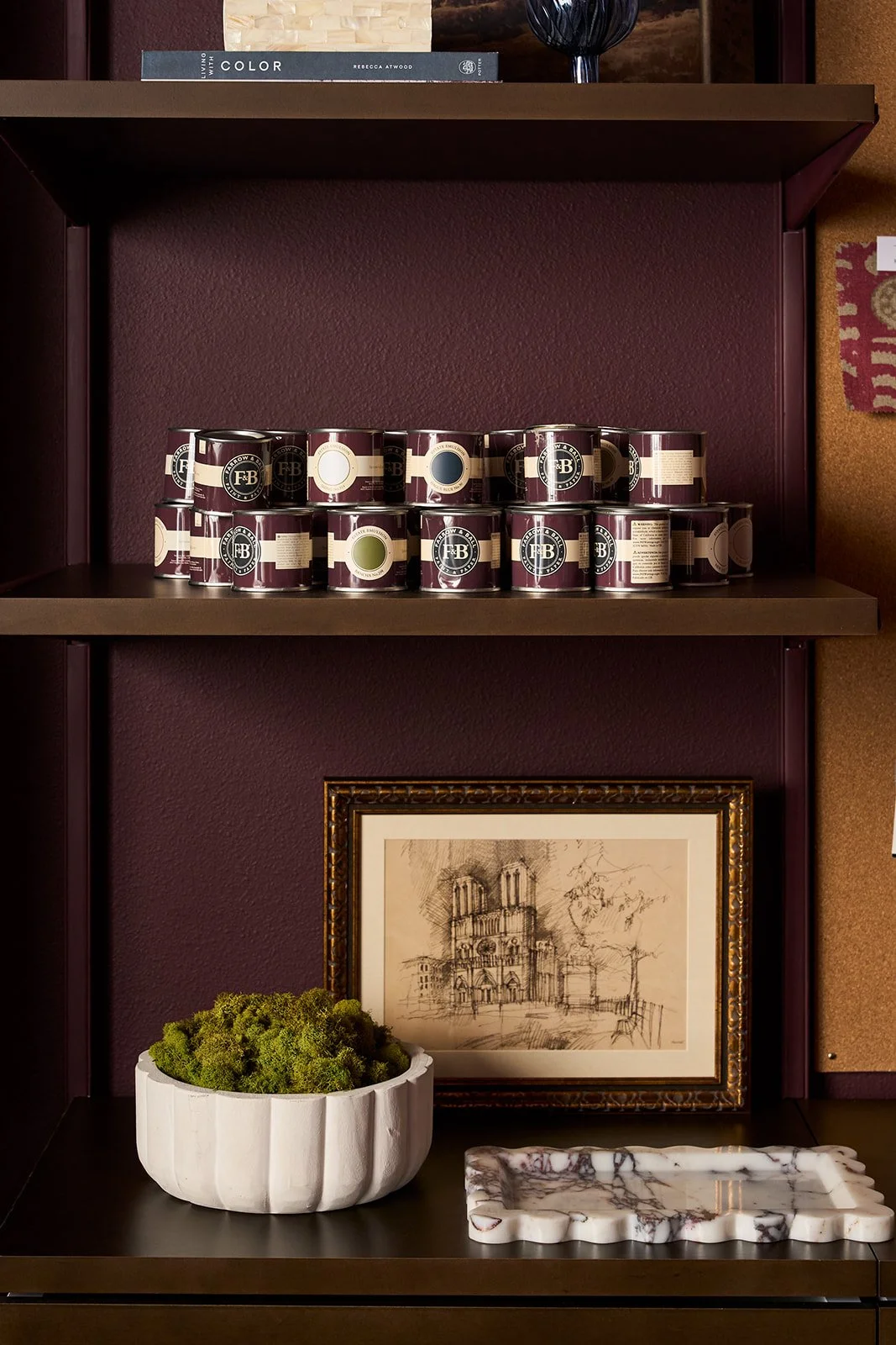 Shelves with canned products, framed sketch of a building, decorative moss plant in a white pot, and marble tray on dark shelves against a maroon wall.