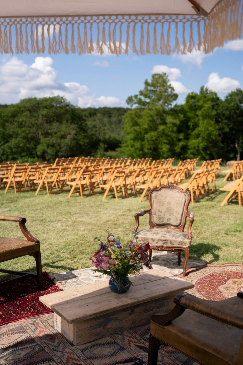 Outdoor wedding ceremony setup with rows of wooden chairs on grass, a vintage armchair, and a flower arrangement on a wooden table, under a large beige umbrella, with green trees and a blue sky with clouds in the background.