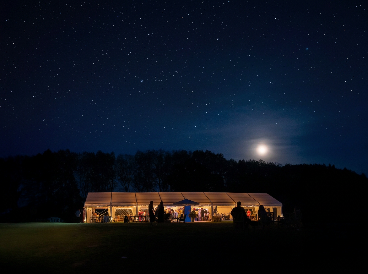 A nighttime outdoor gathering under a starry sky with a large illuminated tent and several people.