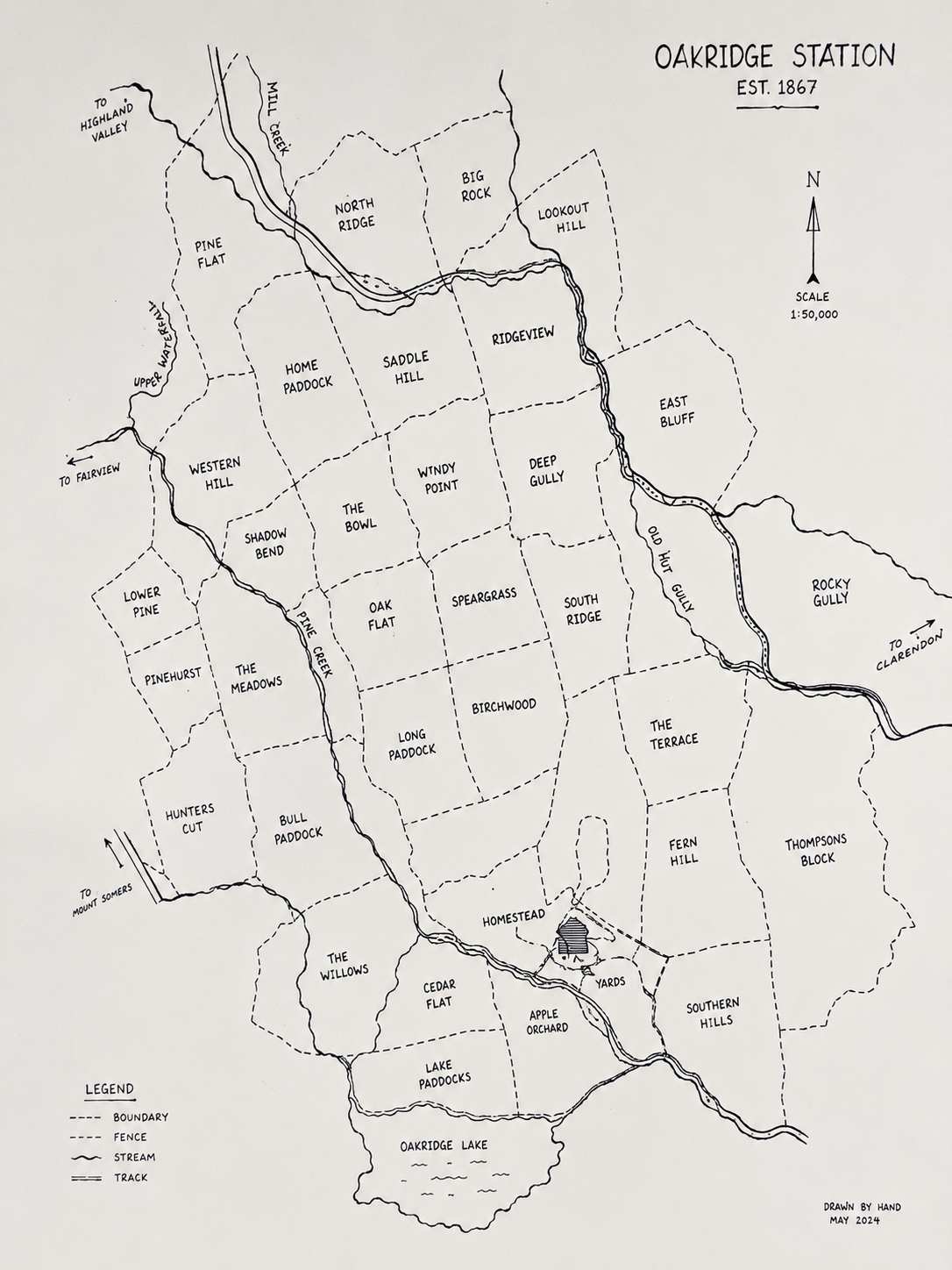Hand-drawn map of Oakridge Station with boundary, fence, stream, and track lines. Shows various neighborhoods, streams, a lake, and directional arrows to nearby locations.