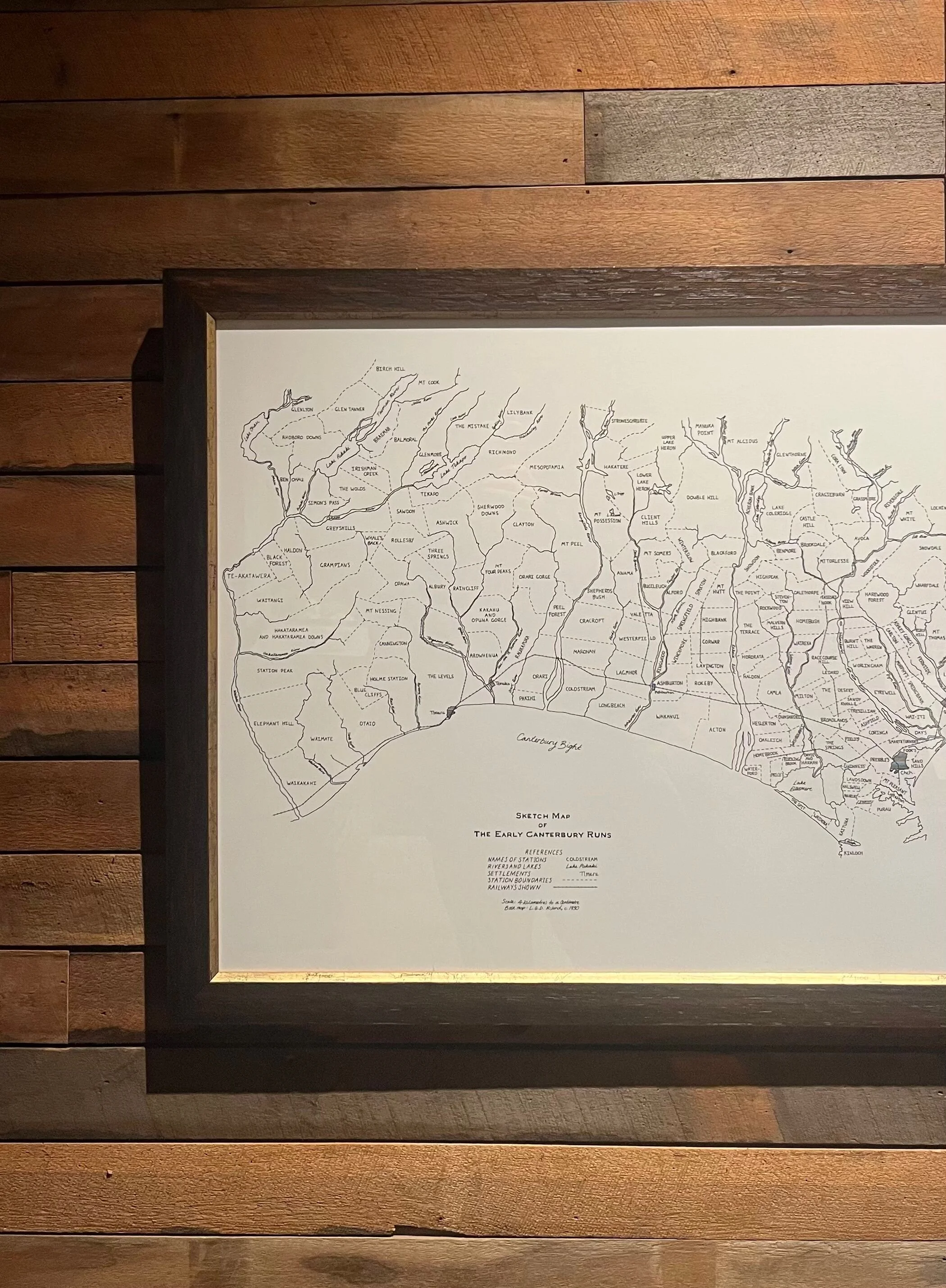 Sketch map of the early Canterbury runs, showing rivers, lakes, settlements, station boundaries, and railways in a detailed diagram.