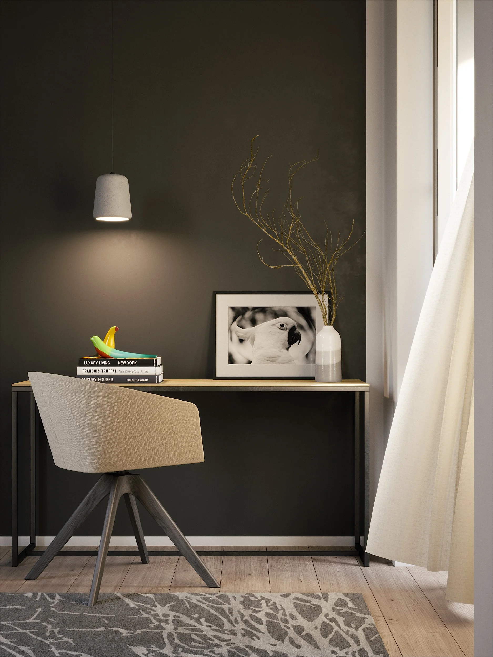 Moody contemporary workspace corner