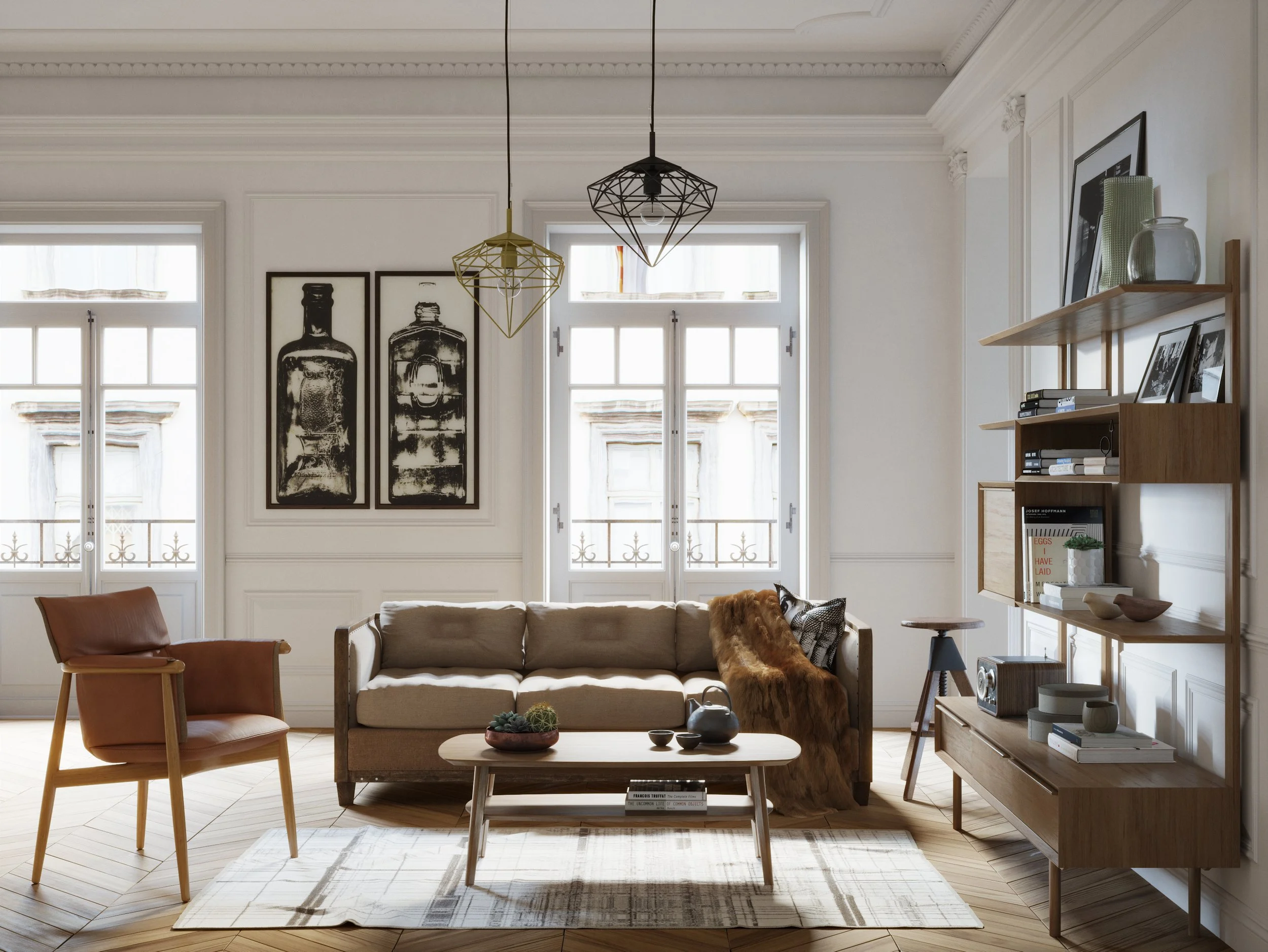 Eclectic-vintage living room atmosphere