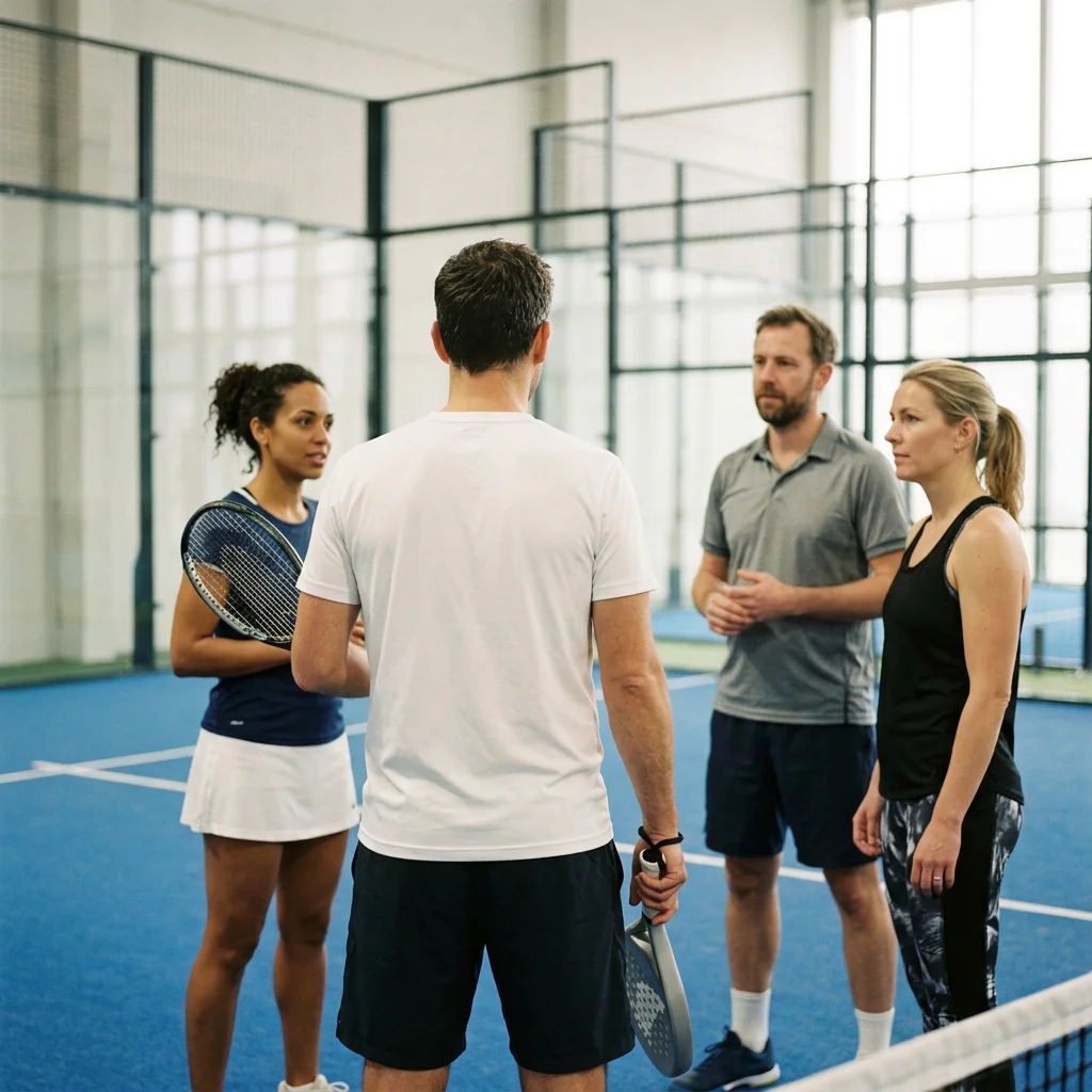 Four adults discussing a game on an indoor pickleball court, with paddles and net visible