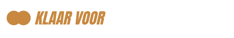 Banner reading “Klaar voor de eerste service?” in orange and white text with two orange circles on a black background