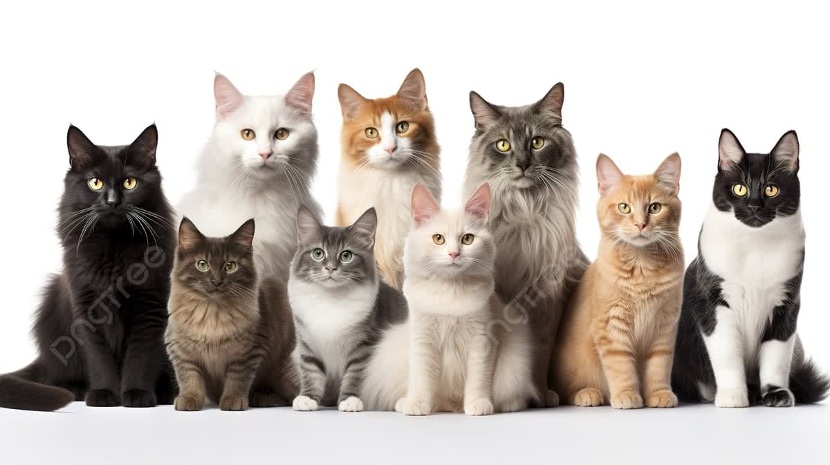 Group of eleven cats with various fur colors and patterns, sitting on a white background