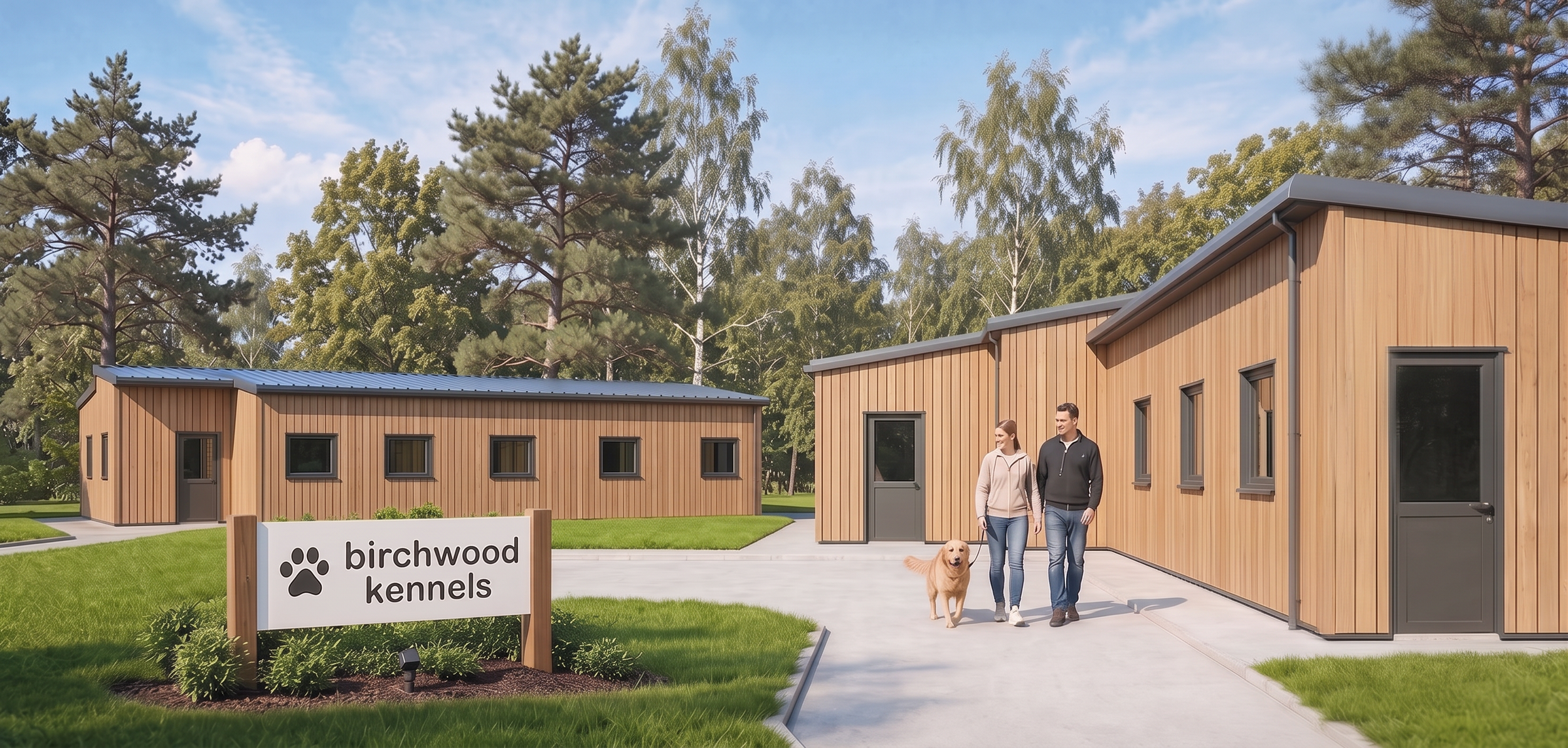 A modern kennel facility with wooden buildings, a dog and two people walking outside, and a sign that says 'birchwood kennels' in front of trees and a partly cloudy sky.