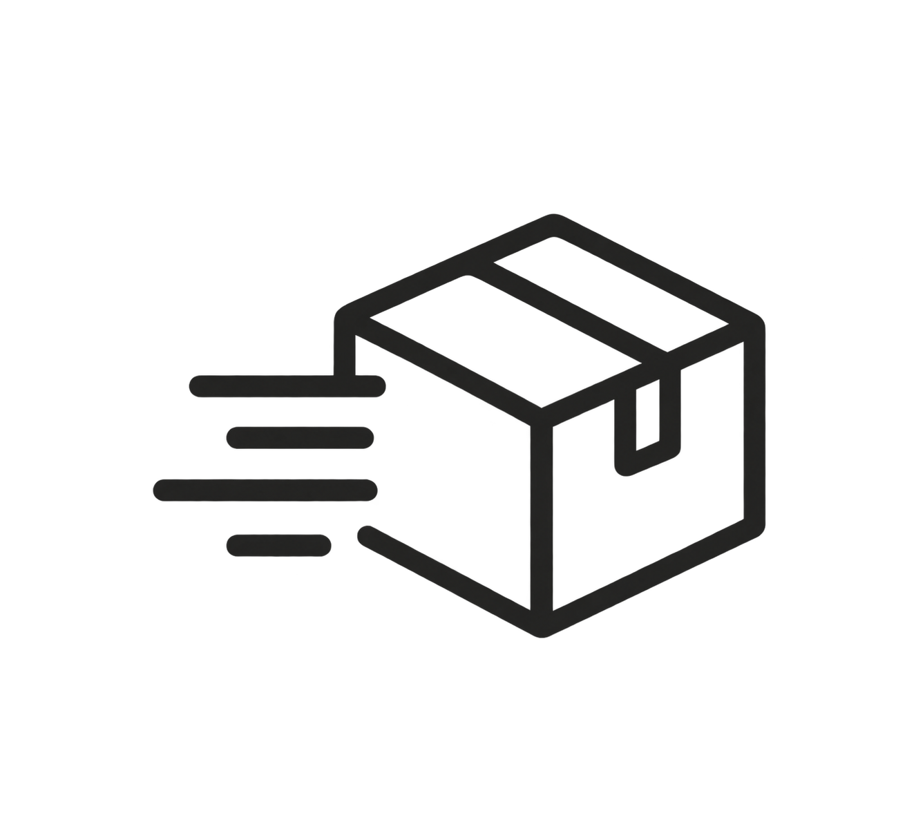 A black outline of a cardboard box with motion lines indicating fast shipping or delivery.