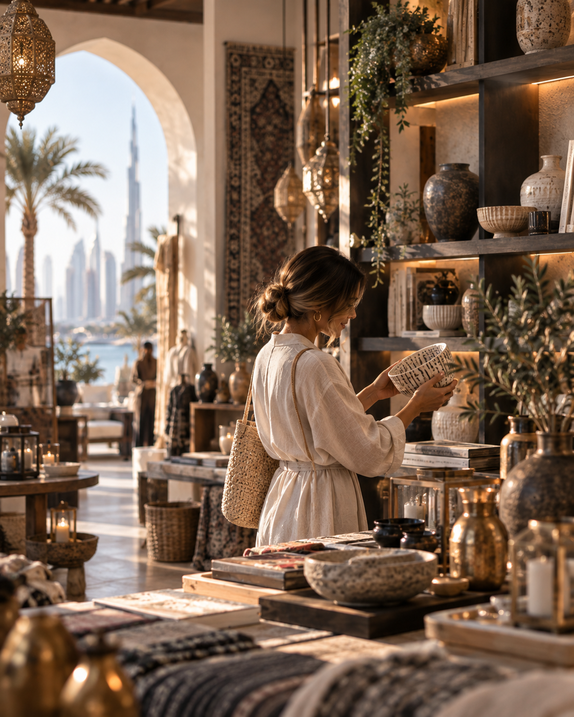 A woman shopping in a boutique store with large windows, decorated with vases, candles, and plants, with a view of a city skyline and palm trees outside.