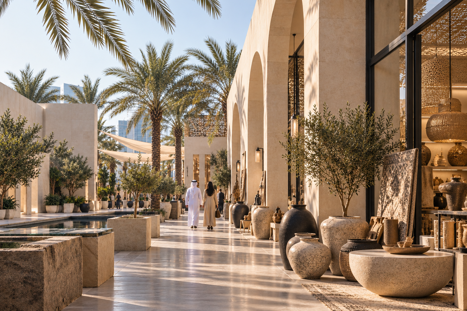 A luxurious shopping mall outdoor corridor with beige stone walls, large glass windows, potted trees, and decorative pottery. People, including a man and a woman in traditional Middle Eastern attire, walk along the shaded walkway lined with palm trees and ambient lighting.