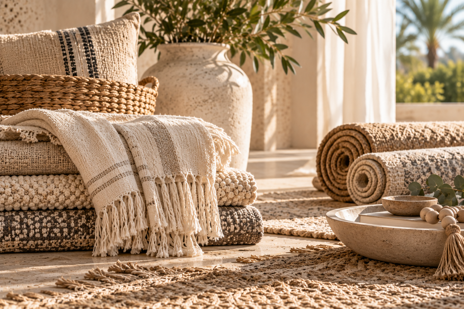 Cozy living room corner with woven rug, rolled and folded textured blankets, a beige cushion, a large ceramic vase with green plant, decorative items on a tray, and natural light from a window with white curtains.