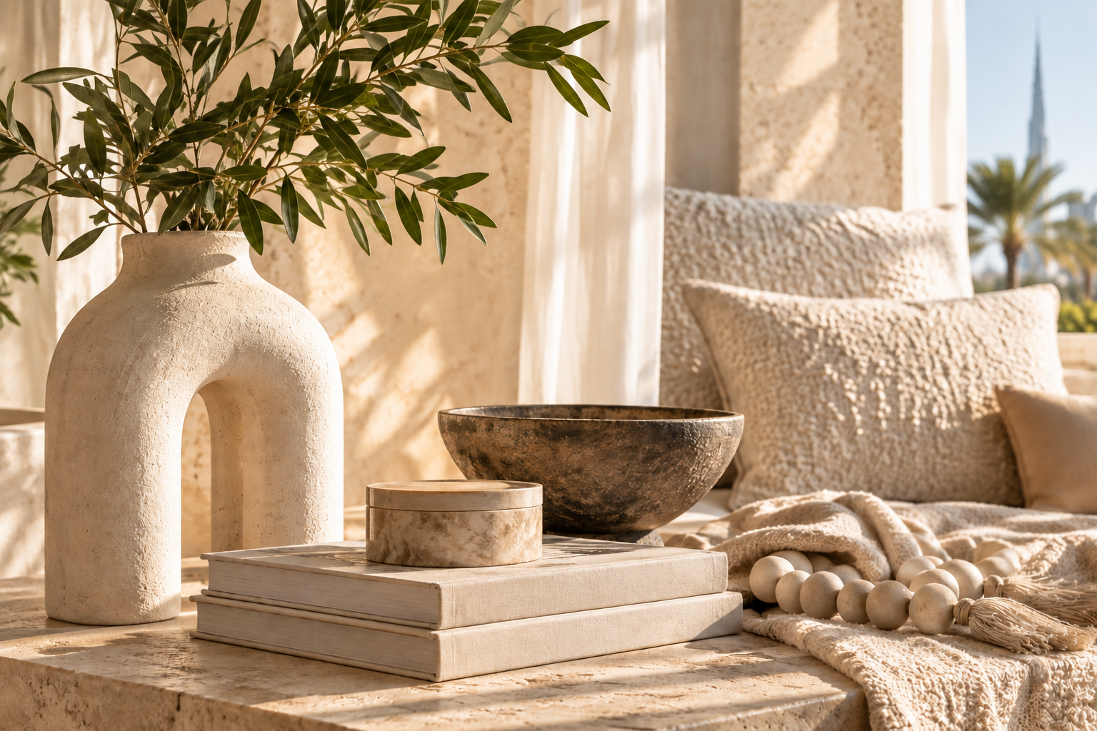 Decorative objects on a marble surface, including a large textured white vase with green leaves, a dark bowl, a marble-lidded container, a stack of books, a blanket, and a string of beads, with sunlight streaming through a window and outdoor palm trees in the background.