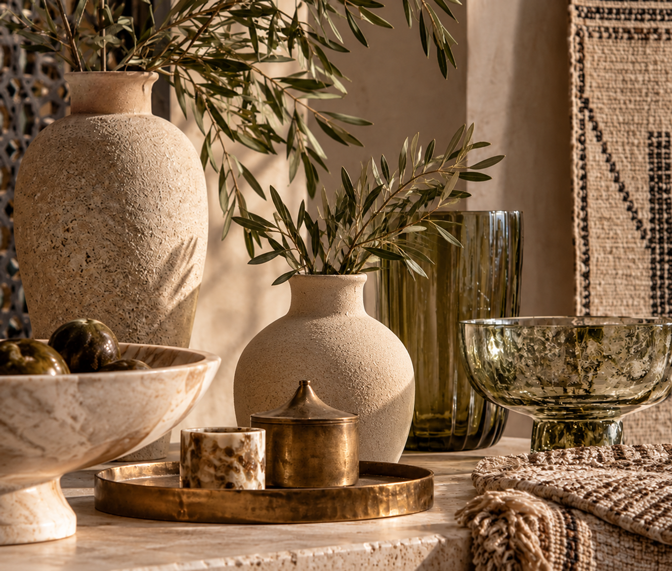 Decorative vases and bowls with green foliage on a marble table, with a textured woven wall hanging in the background.