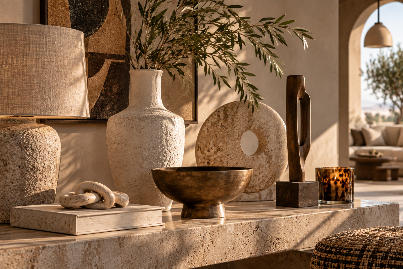 Decorative objects on a stone table including a large vase with greenery, a textured stone sculpture, a metallic bowl, a wooden sculpture, a leopard print candle holder, and a book with a knotted sculpture on top, in a room with modern decor and natural sunlight.