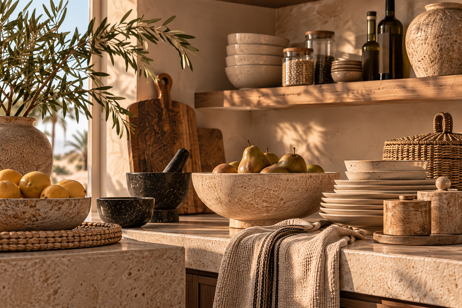 Decorative kitchen with bowls of pears and lemons, wooden cutting boards, stacked plates, glass jars, bottles, a woven basket, and a potted plant, illuminated by warm sunlight