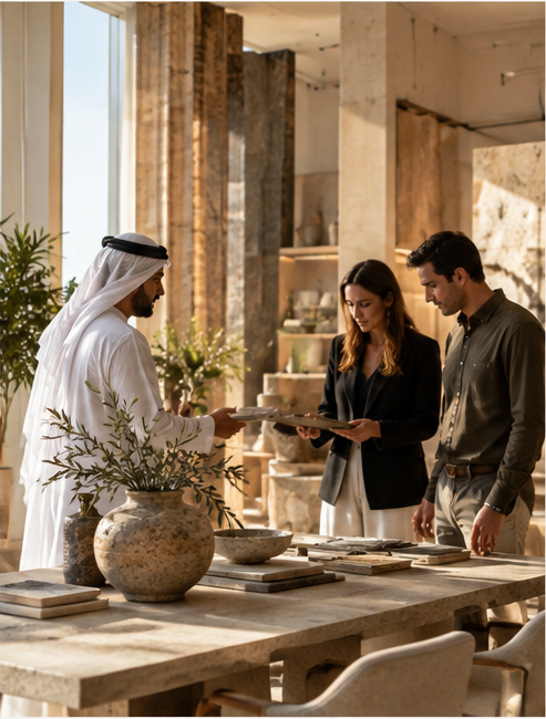 Three people in a modern, well-lit showroom or shop, examining and discussing tiles or stone samples on a large table, with decorative vases and plants nearby.