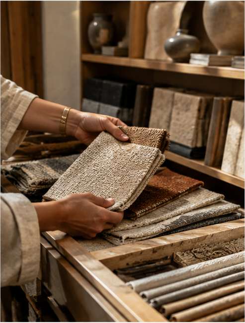 Person examining stacks of textured fabric or carpet samples in a home decor store.
