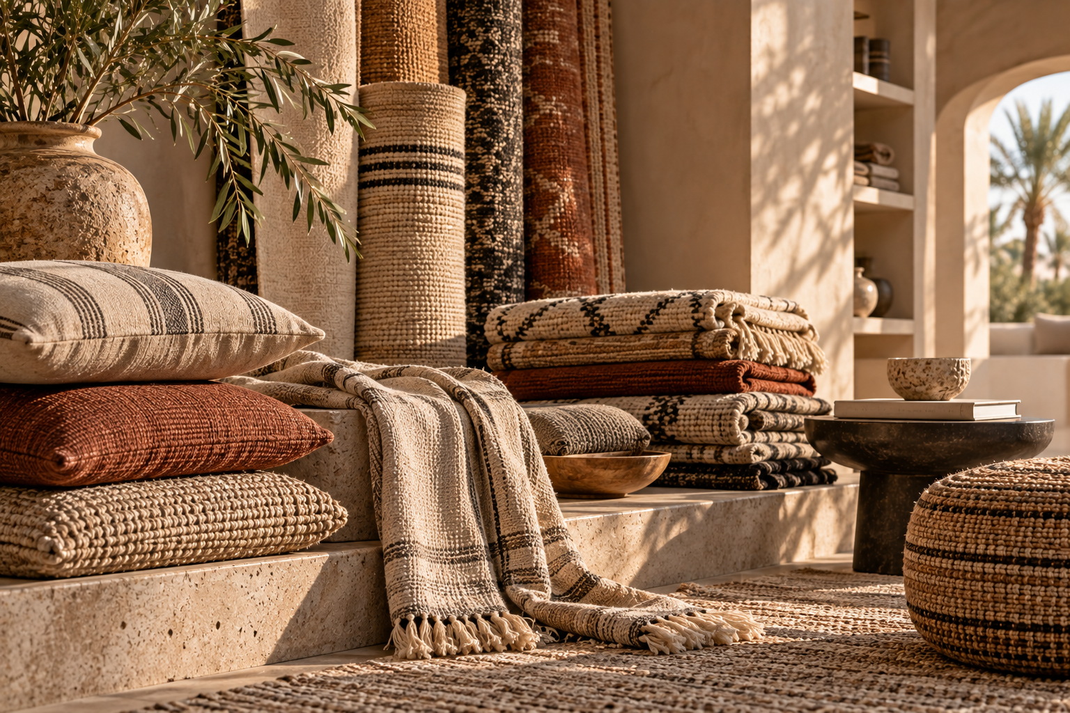 Stacked patterned rugs and textured cushions arranged on stone steps near a potted plant, with sunlight casting shadows on the wall and an outdoor view of palm trees in the background.