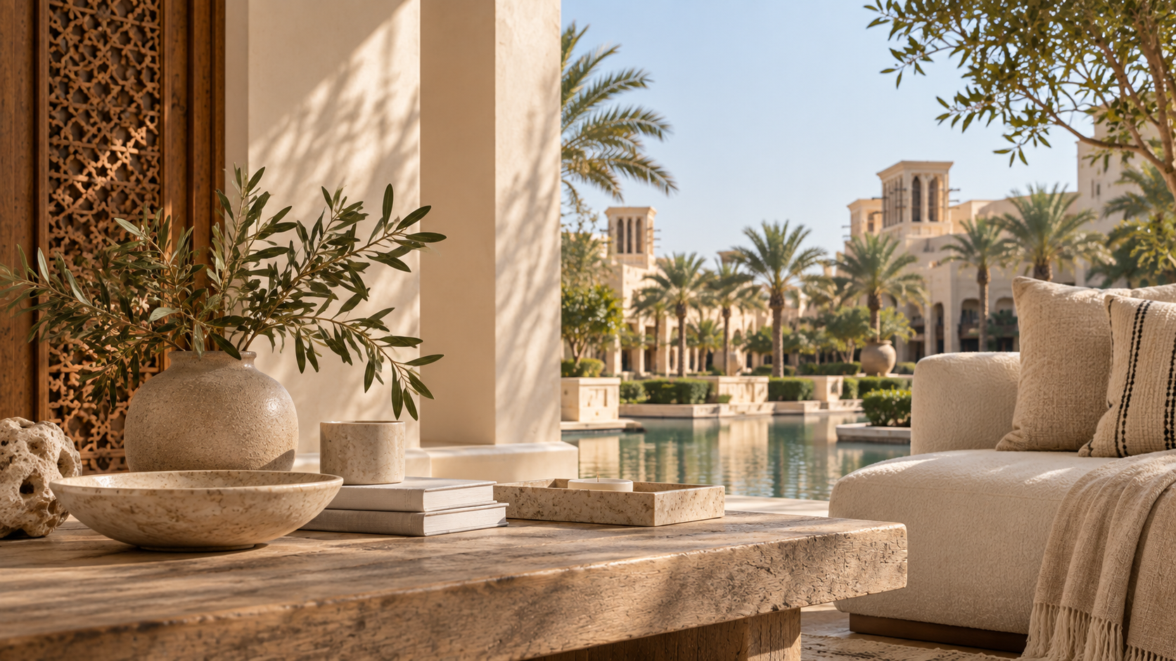 A luxurious outdoor seating area with a wooden table holding decorative ceramics, a glass vase with greenery, and stacked books. In the background, there is a pool lined with palm trees, classical buildings, and clear blue sky, suggesting a warm, sunny day in a resort or upscale residence.