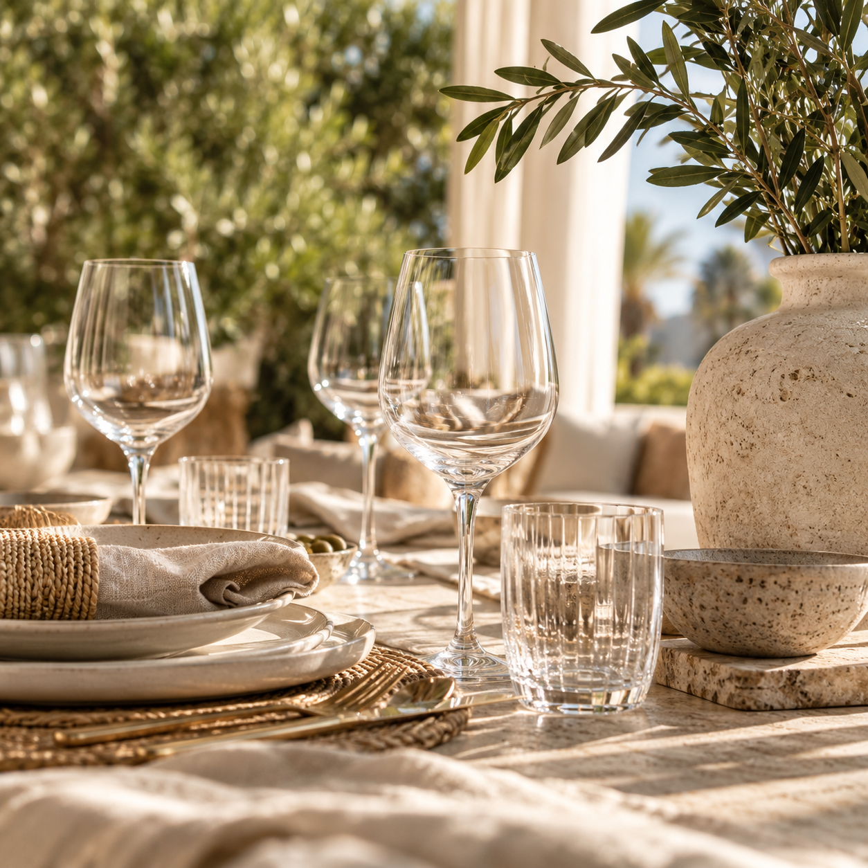 Elegant outdoor dining table set with wine glasses, water glasses, plates, napkins, and a large decorative vase with green foliage, with a lush garden view in the background.