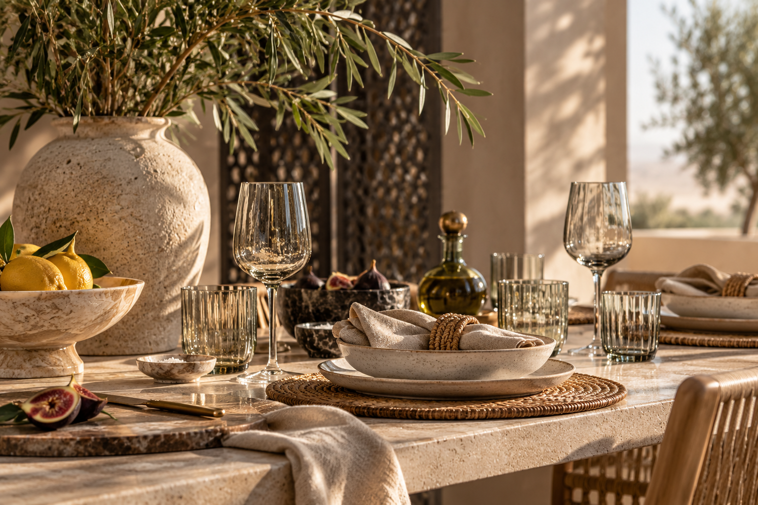 An elegant outdoor dining table set with ceramic plates, wine glasses, and cloth napkins, adorned with decorative bowls of lemons and figs, a large vase with greenery, and a bottle of olive oil, bathed in warm sunlight.