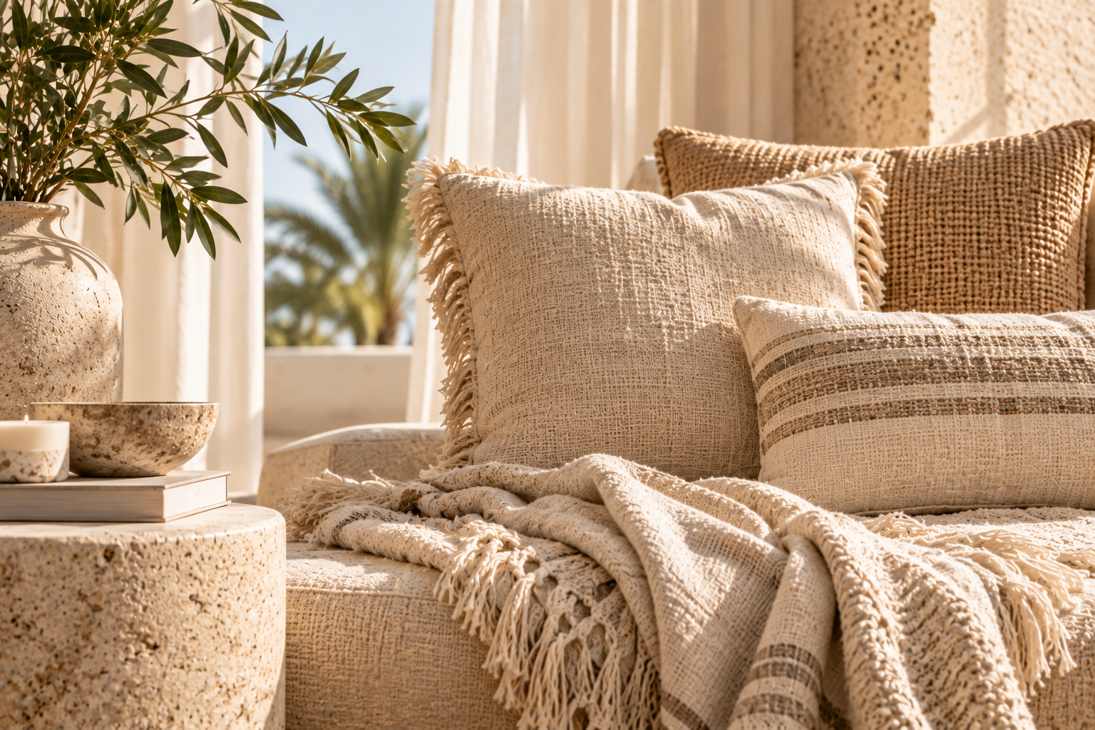 Sunlit living room with beige textured pillows, a fringed throw blanket, a round stone side table with candles and a large pot with green leafy plant, and sheer curtains with a view of palm trees outside.