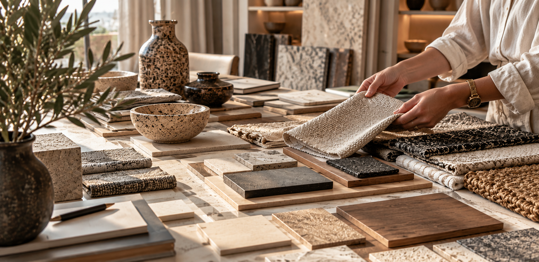 Person examining fabric samples and tiles on a table in a well-lit showroom.