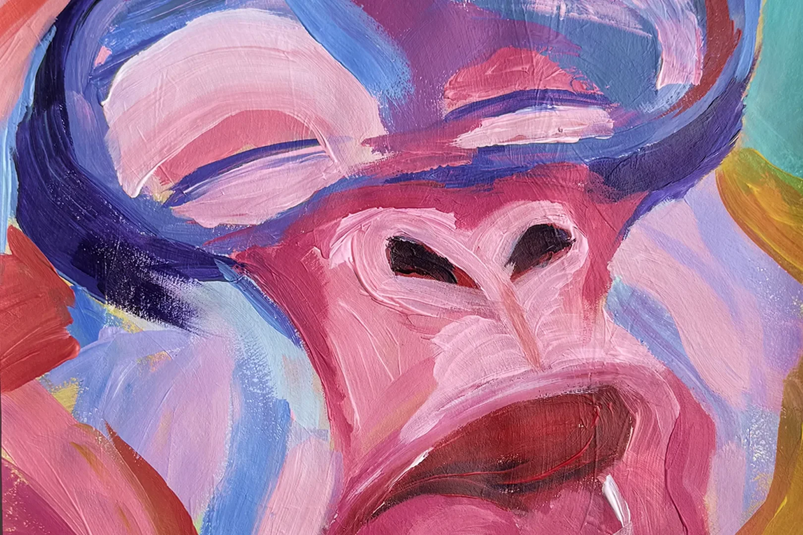 Vivid abstract painting of a person's face with prominent lips, painted in shades of pink, purple, blue, and red.