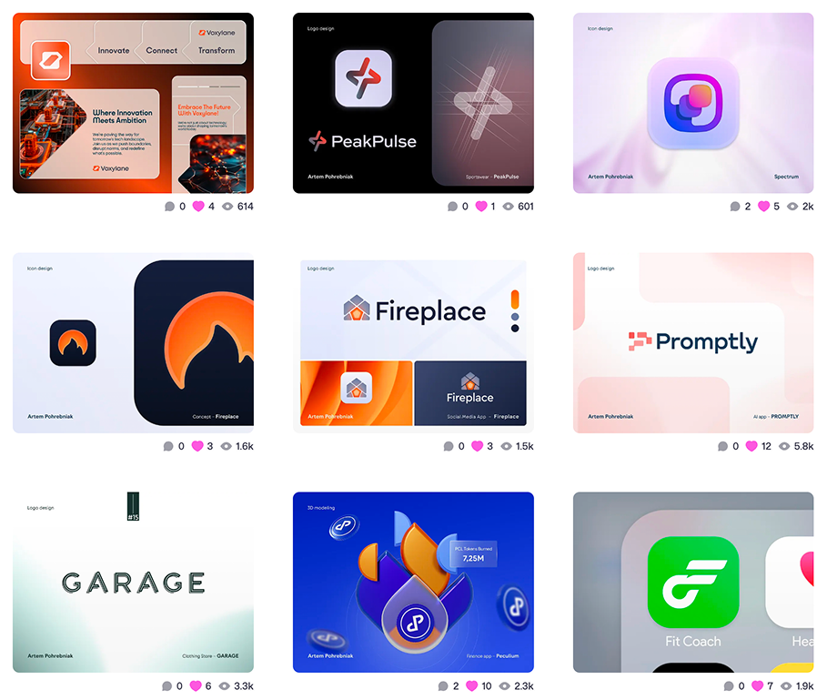 Collection of nine digital graphic designs showcasing various app logos and branding elements. Includes logos for PeakPulse, Spectrum, Fireplace, Promptly, Garage, Pculum, and Fit Coach, with creative backgrounds and interfaces.