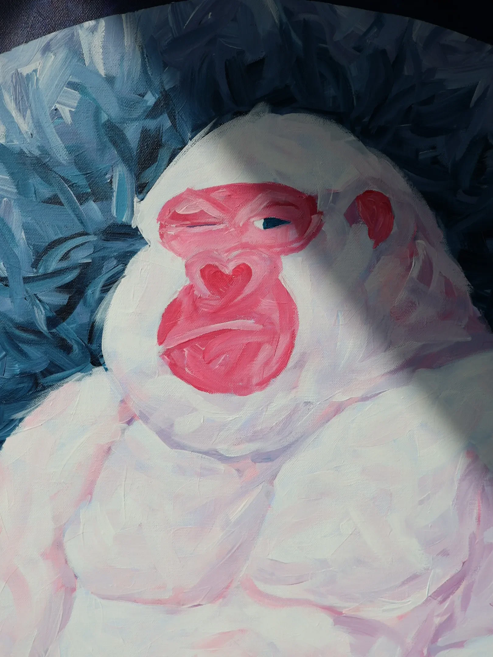 Abstract painting of a person with short dark hair, winking with one eye, and makeup featuring a pink heart-shaped design around the lips and eye, with visible brushstrokes and pastel colors.