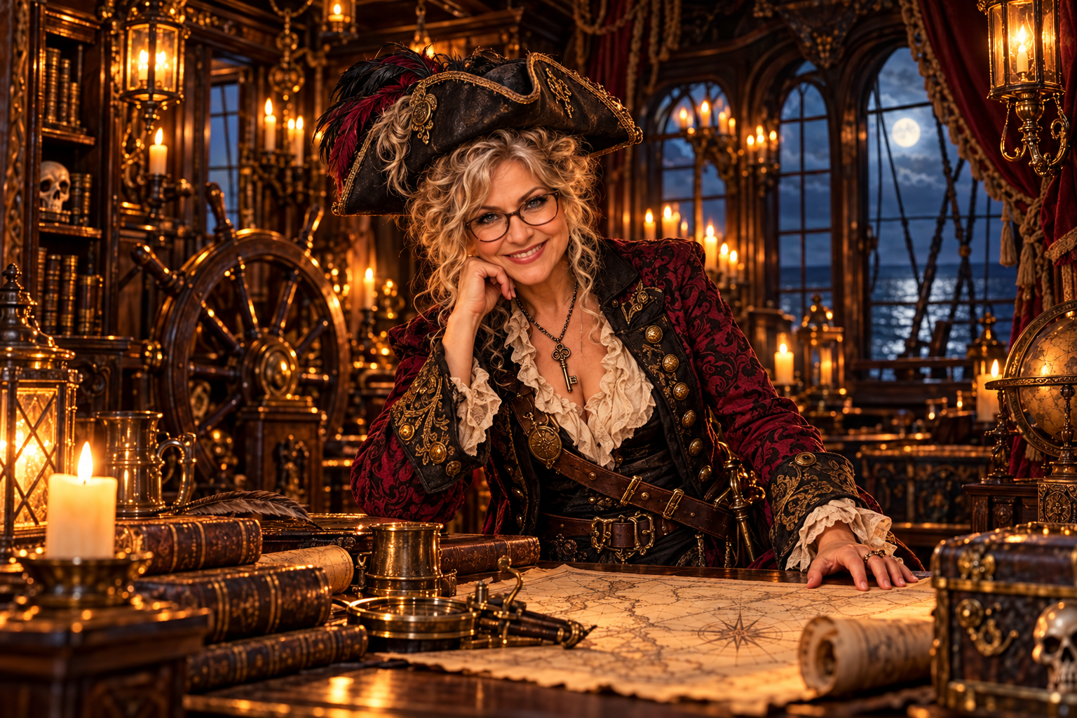 A woman dressed as a pirate in a rich, wood-paneled room filled with candles, books, and nautical objects, with a full moon visible through large windows in the background.