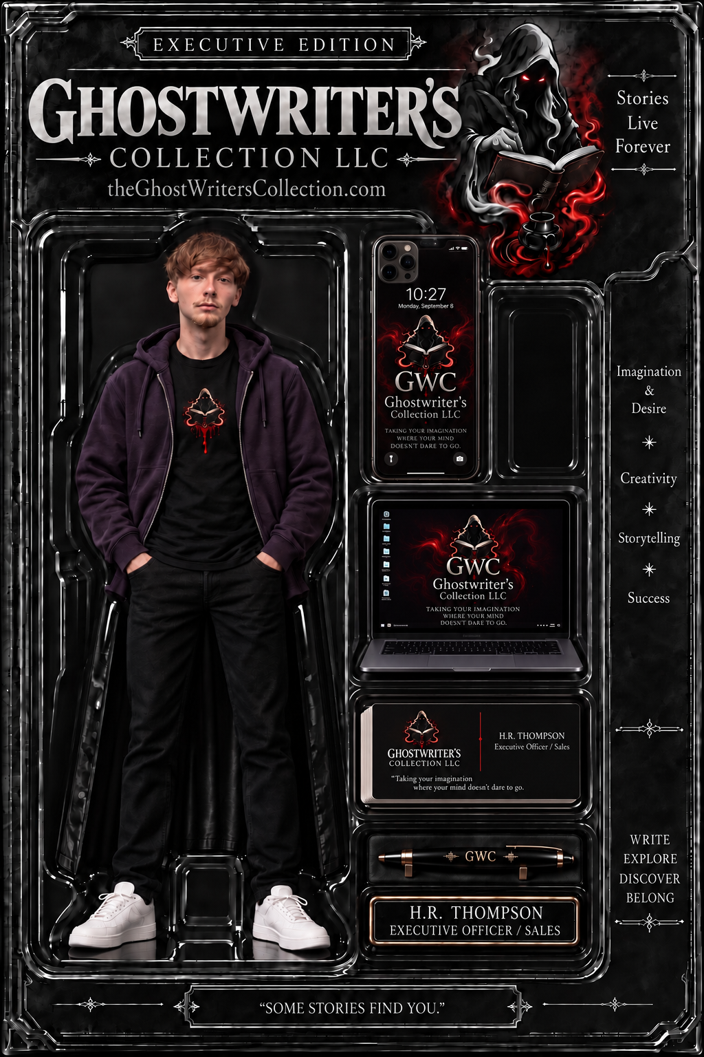 Promotional display for Ghostwriter's Collection LLC, featuring a young man in a hoodie and t-shirt with logo, along with electronic devices showing the company logo and slogan, surrounded by gothic-style graphics and text emphasizing imagination, storytelling, and success.