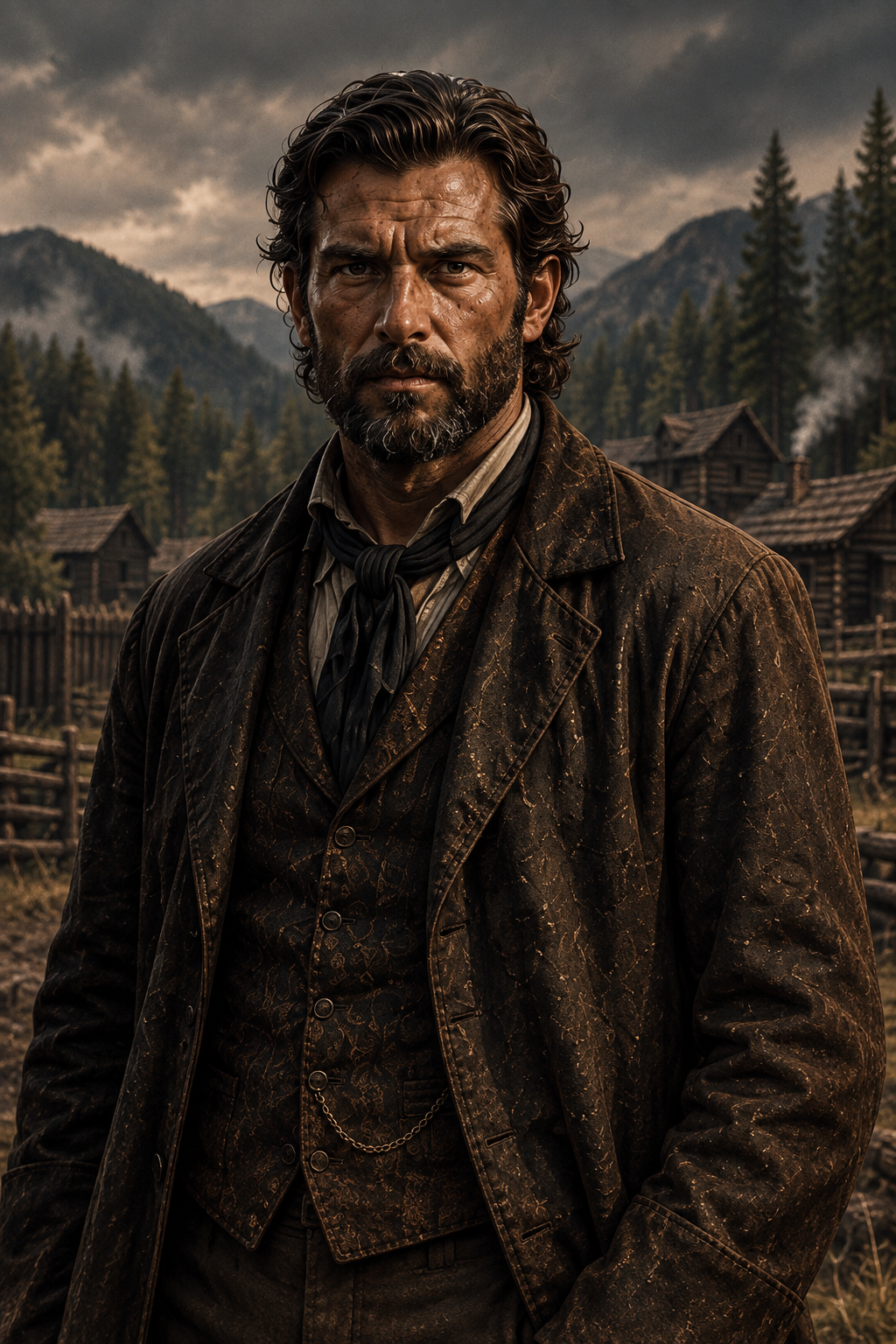 A rugged man with a beard and dark hair stands outdoors in a frontier town setting with wooden cabins and mountains in the background, wearing a dusty brown coat.