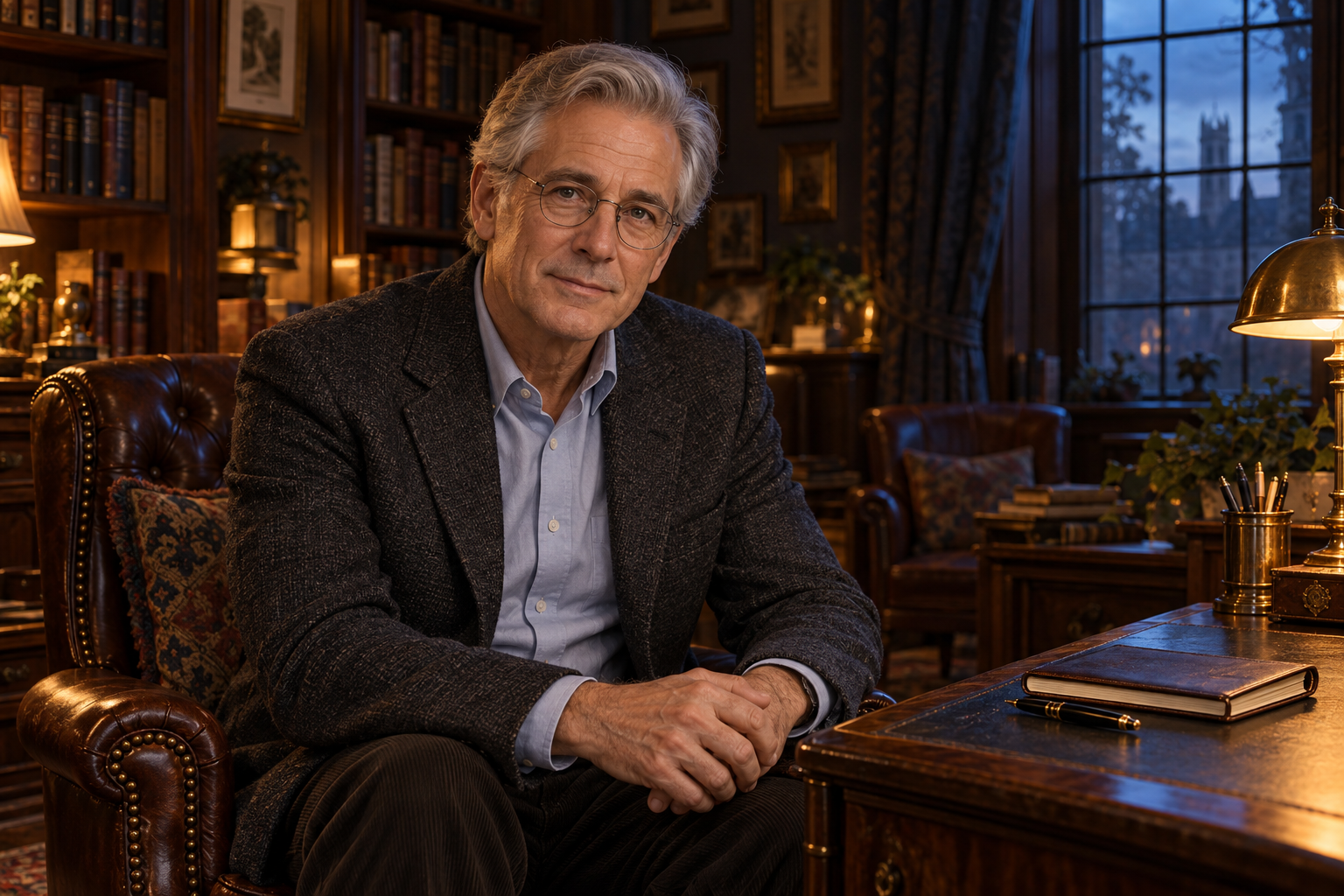 An older man with gray hair and glasses sitting at a wooden desk in a warmly lit, richly decorated library. He is wearing a dark blazer and light blue shirt, looking directly at the camera.