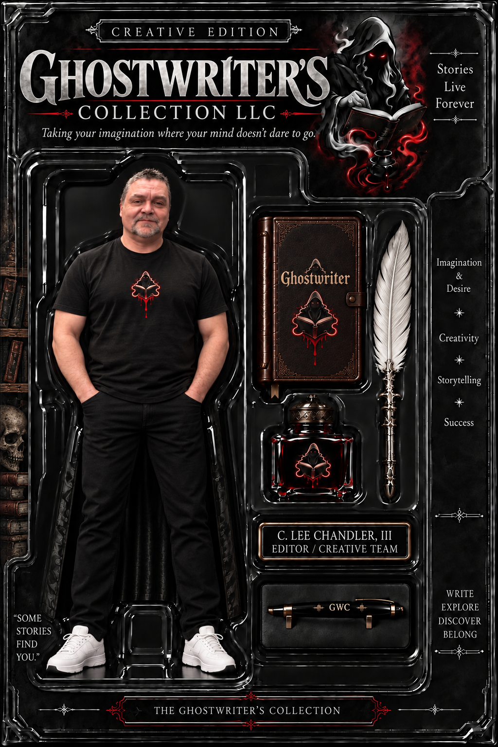 A man standing inside a black and red themed display with ghostwriter-themed items, including a book, ink bottle, feather quill, and stationery. The display features branding for "Ghostwriter's Collection LLC" and quotes emphasizing storytelling, imagination, and success. The man is wearing a black T-shirt with a ghostwriter logo and white sneakers.