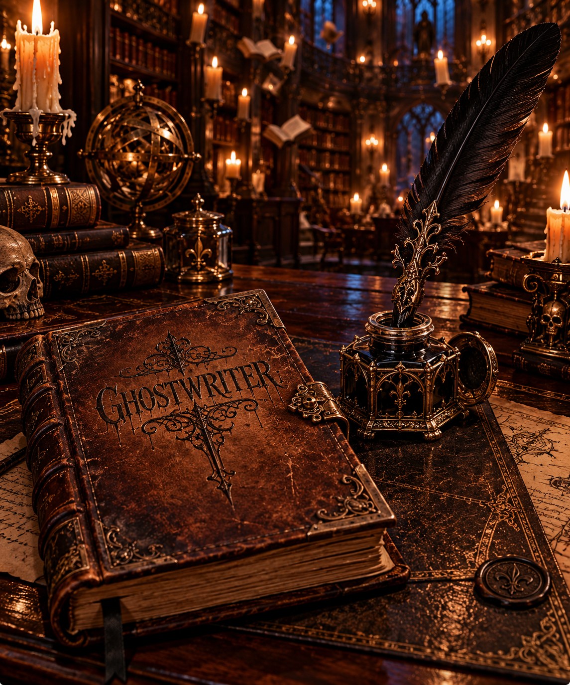 An ornate, vintage-style library with leather-bound books, candles, a skull, and a large book titled 'Ghostwriter' on a wooden desk. A quill pen with a gold decorative holder is also on the desk, surrounded by old maps and various mystical objects.