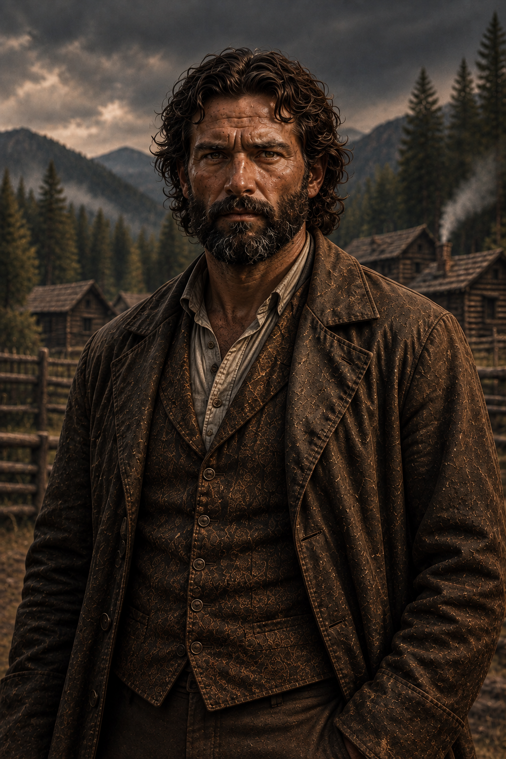 A man with curly hair and a beard stands outdoors against a mountainous forested background with small log cabins and a cloudy sky.