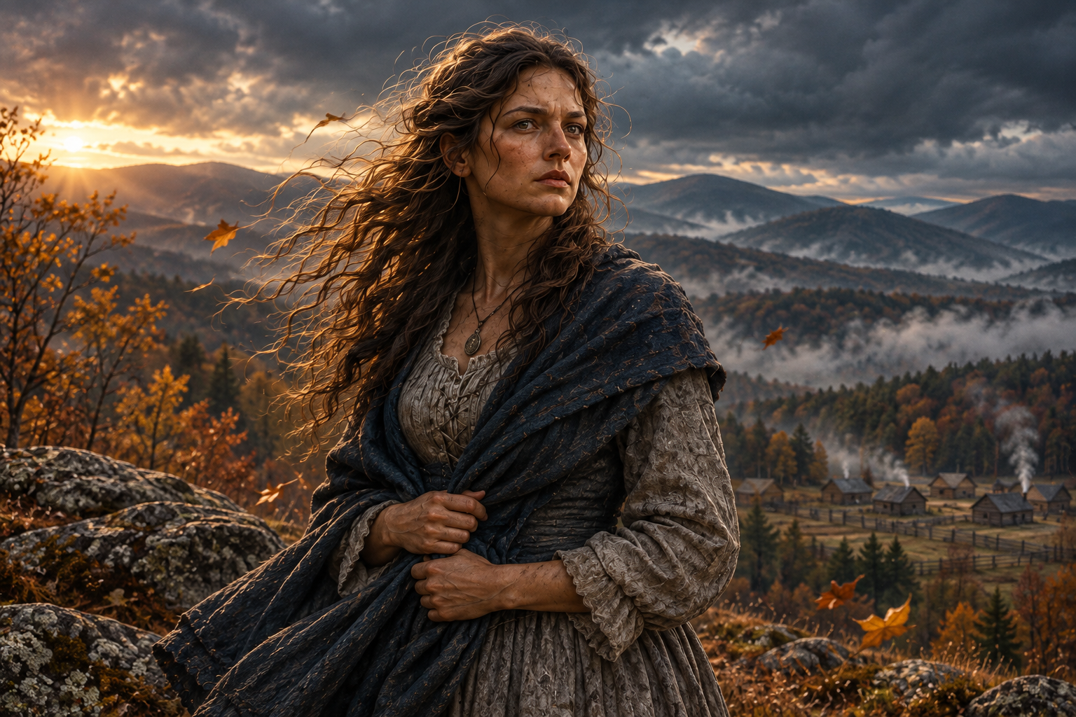 A woman with long curly hair standing outdoors during sunset, dressed in historical clothing, with a mountain and village landscape in the background.