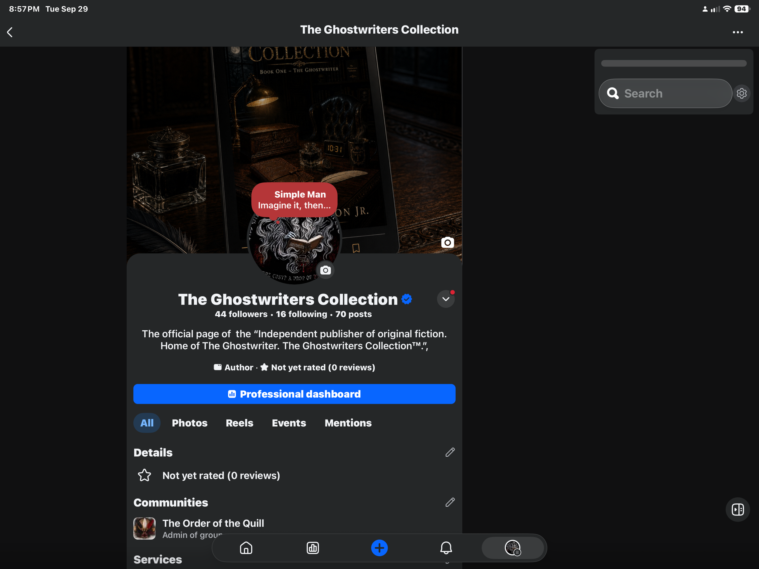 A digital screen displaying The Ghostwriters Collection Facebook page, which includes a dark-themed cover photo with vintage desk accessories, books, and a digital clock, along with page details such as followers, following, and posts.