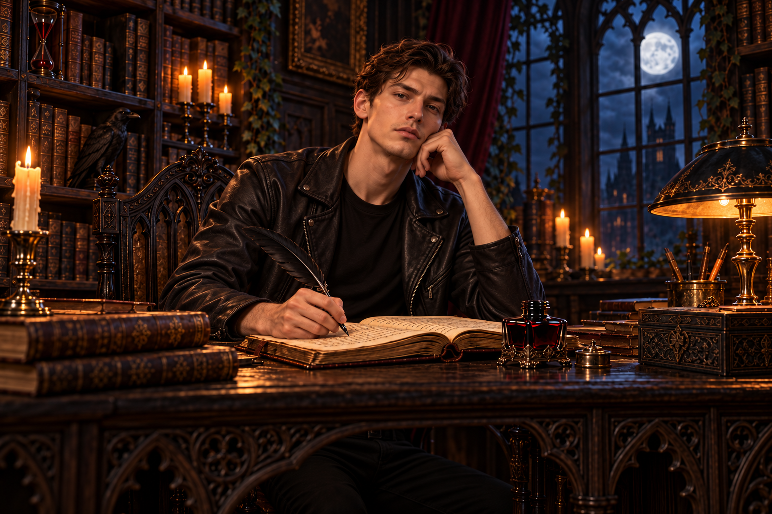 Young man in black leather jacket sitting at a wooden desk in a dimly lit library with candles and a full moon visible through a large window behind him, holding a feather quill and looking contemplative.